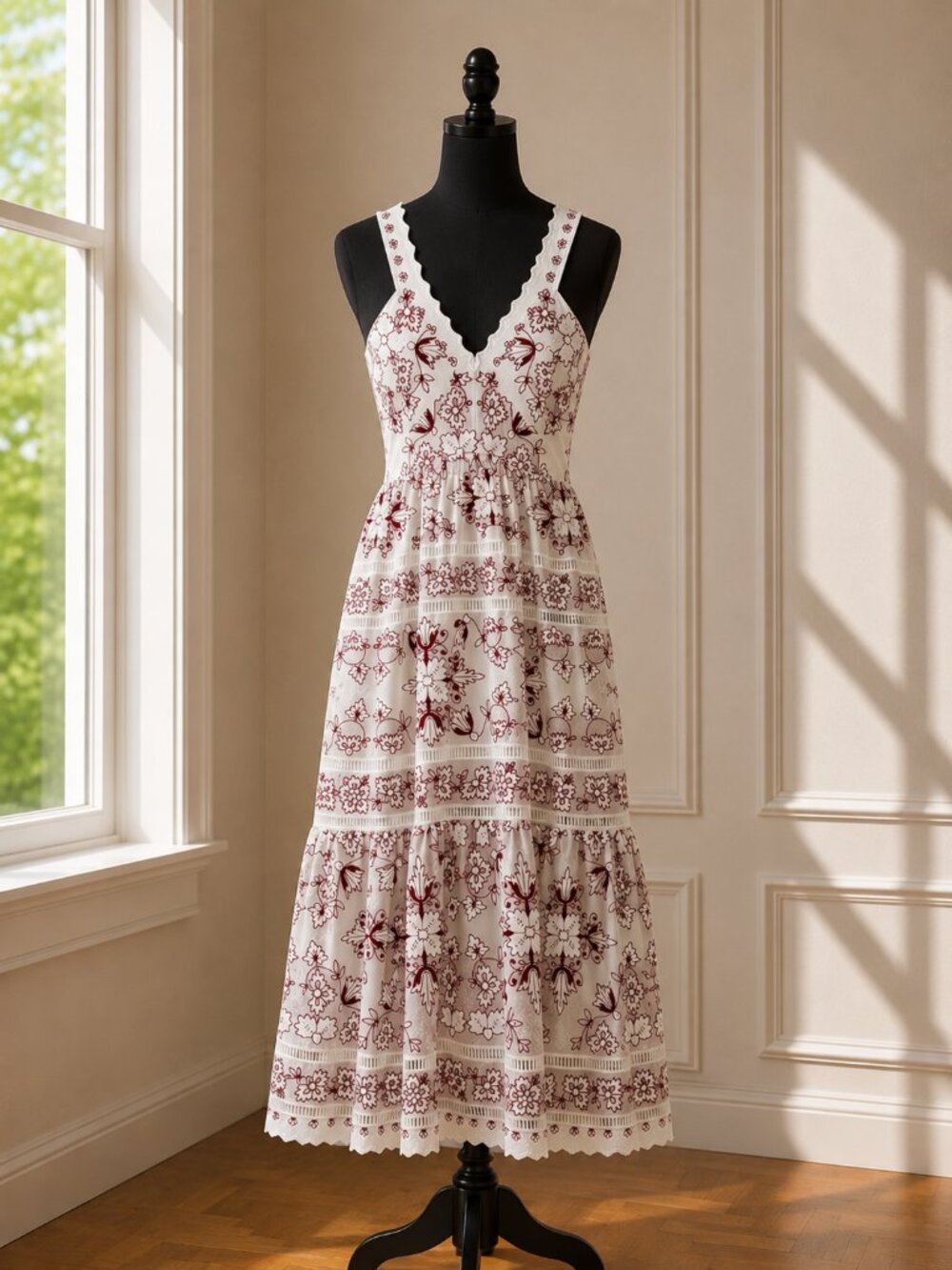 By Anthropologie Scalloped Lace V-Neck Tiered Midi Dress White Burgundy XLP